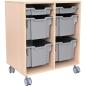 Preview: Regal M auf Rollen, B 70, mit 6 Behältern - Ahorn - silberfarben (Grande 76)