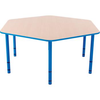 Tisch Bambino sechseckig mit hellblauen Kanten und Höhenverstellung H 40-58