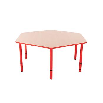 Tisch Bambino sechseckig mit roten Kanten und Höhenverstellung H 40-58