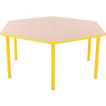 Tisch Bambino sechseckig mit gelben Kanten und Höhenverstellung H 40-58