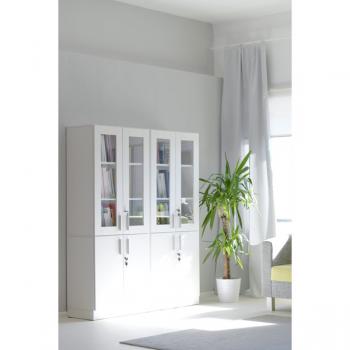 EXPO Schrank 185 mit Glasvitrine, Holzrahmen - weiss