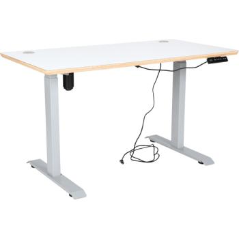 Elektrisch höhenverstellbarer Doppeltisch Hugo, Tischhöhe 70-117 cm, Sperrholzplatte, abgerundete Ecken - alufarben - HPL weiss
