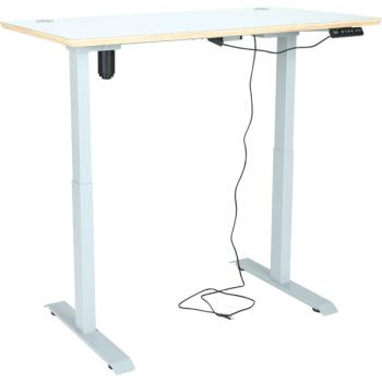 Elektrisch höhenverstellbarer Doppeltisch Hugo, Tischhöhe 70-117 cm, Sperrholzplatte, abgerundete Ecken - alufarben - HPL weiss