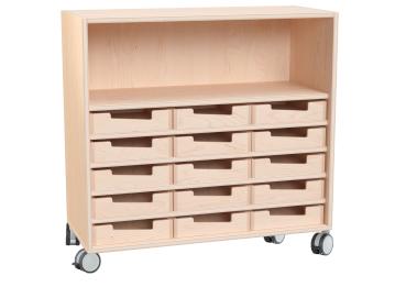 Echtholz Regal M, 15 Holzkästen H7, offen, auf Rollen