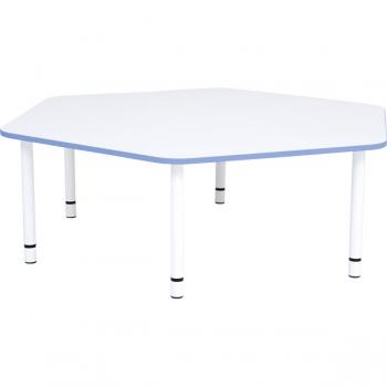 Tischplatte Quadro sechseckig, weiss, Kante blau