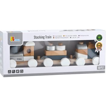 Holzzug mit weiss-grauen Bausteinen