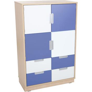 Kombischrank L mit 4 schmalen Schubladen und 4 kleinen Türen, B 79, Ahorn - weiss/blau (Quadro 48-180°)