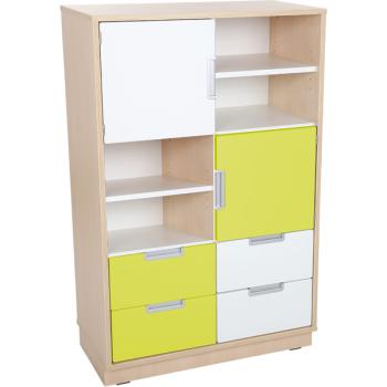 Kombischrank L mit 4 schmalen Schubladen und 2 kleinen Türen, B 79, Ahorn - weiss/limone (Quadro 49-180°)