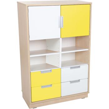 Kombischrank L mit 4 schmalen Schubladen und 2 kleinen Türen, B 79 - weiss/gelb (Quadro 50-180°)
