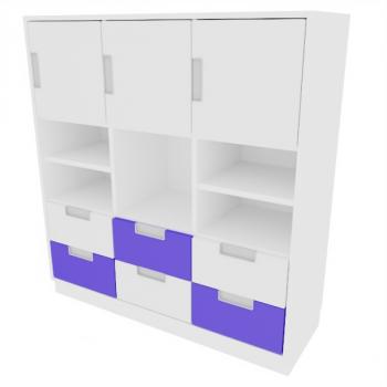 Schrank L mit 3 Türen und 6 Schubladen, B 116, weiss - weiss/blau (Quadro 51-180°)