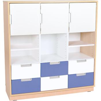 Schrank L mit 3 Türen und 6 Schubladen, B 116, weiss/blau (Quadro 51-180°)