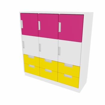 Schrank L mit 6 Türen und 6 Schubladen, B 116, weiss - magenta/weiss/gelb (Quadro 53-180°)