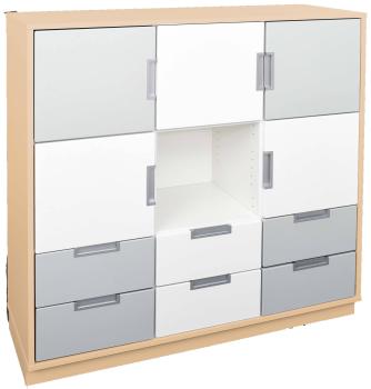 Schrank L mit 5 Türen und 6 Schubladen, B 116, Ahorn - weiss/grau (Quadro 114-180°)