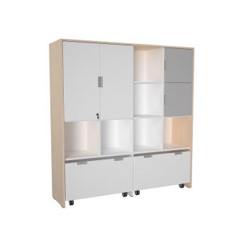 Mehrfunktionen-Schrank XL mit 2 breiten Rollbehältern, B 154 - weiss/grau (Quadro 240-180°)