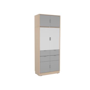 Hochschrank, mit Mittelwand, H 201, mit 4 Schubladen und Türen - weiss/grau (Quadro 248-180°)