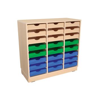 Flexi Schrank M mit 2 Trennwänden, auf Sockel + 24 Holzbehälter flach, Buche-grün-blau (Flexi 145)