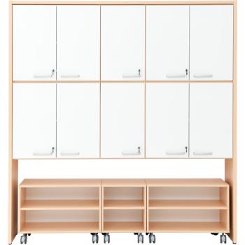 Schrankwand mit Rollregalen, T 38 - Ahorn, Türen weiss (Grande 56)