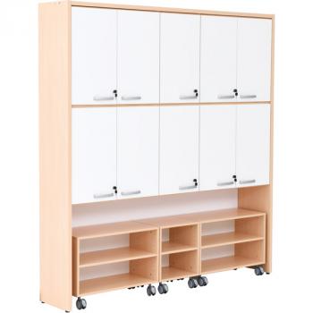 Schrankwand mit Rollregalen, T 38 - Ahorn, Türen weiss (Grande 56)