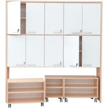 Schrankwand mit Rollregalen, T 38 - Ahorn, Türen weiss (Grande 56)