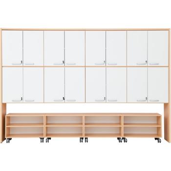 Schrankwand mit Rollregalen, T 38 - Ahorn, Türen weiss (Grande 57)