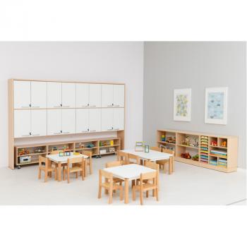 Schrankwand mit Rollregalen, T 38 - Ahorn, Türen weiss (Grande 57)