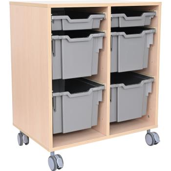 Regal M auf Rollen, B 70, mit 6 Behältern - Ahorn - silberfarben (Grande 76)