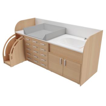 Wickelkommoden-Landschaft 1, T 90 cm, mit Badewanne, Wickelauflage grau