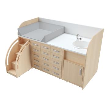 Wickelkommoden-Landschaft 6, T 90 cm, mit Waschbecken, Treppe links