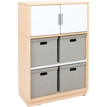 Schrank mit 4 Textilboxen und Türen, B 79, H 126, Ahorn - weiss/grau (Quadro 103-180°)