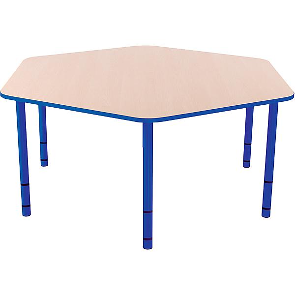 Tisch Bambino sechseckig mit blauen Kanten und Höhenverstellung H 40-58