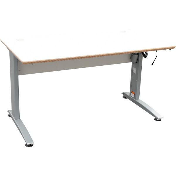 Elektrisch höhenverstellbarer Doppeltisch Emil, Tischhöhe 69-110 cm, Sperrholzplatte, abgerundete Ecken - alufarben - HPL weiss