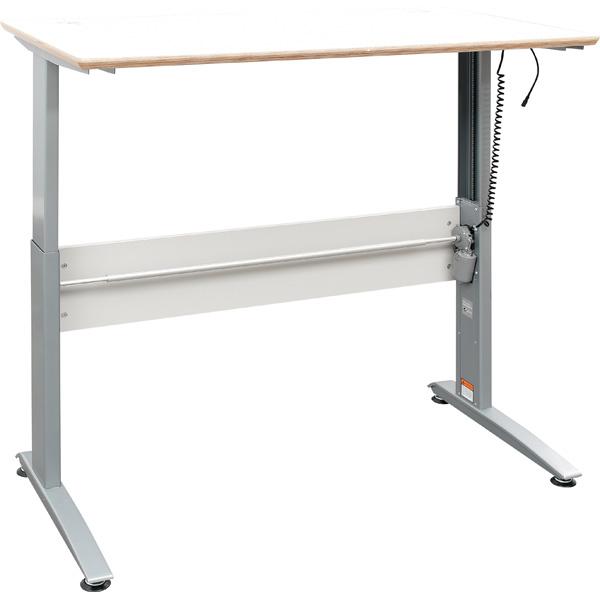 Elektrisch höhenverstellbarer Doppeltisch Emil, Tischhöhe 69-110 cm, Sperrholzplatte, abgerundete Ecken - alufarben - HPL weiss