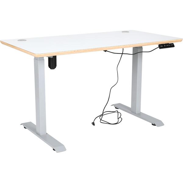Elektrisch höhenverstellbarer Doppeltisch Hugo, Tischhöhe 70-117 cm, Sperrholzplatte, abgerundete Ecken - alufarben - HPL weiss