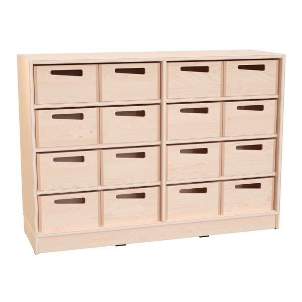 Echtholz Regal M, B 121 cm, 16 Holzkästen H16 (098515)