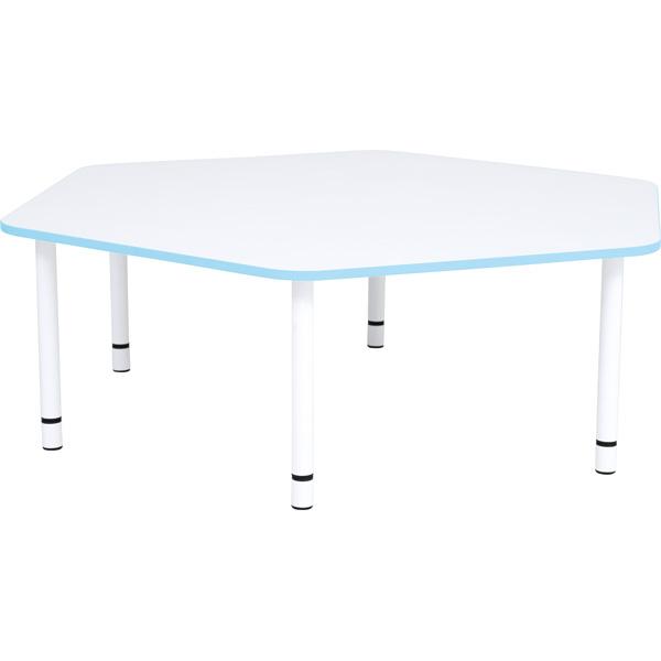 Tischplatte Quadro sechseckig, weiss, Kante hellblau