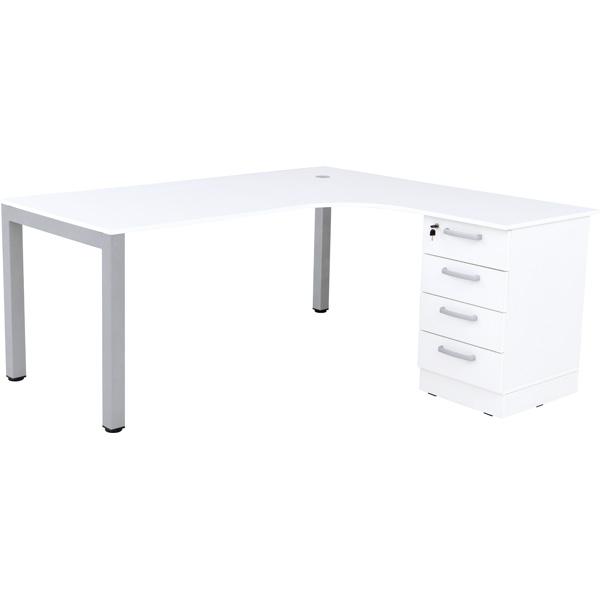 Grande L-Schreibtisch mit Metallbeinen, Sitzplatz links - weiss