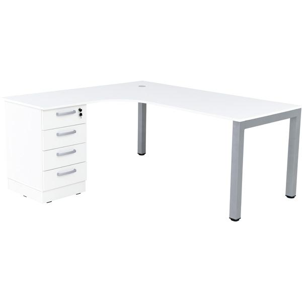 Grande L-Schreibtisch mit Metallbeinen, Sitzplatz rechts - weiss