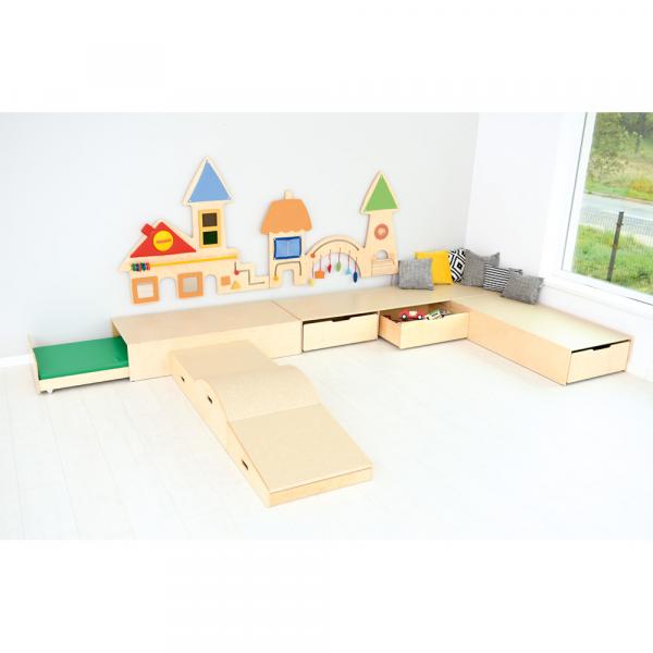 Podest mit Auszugsbett, Linoleum beige