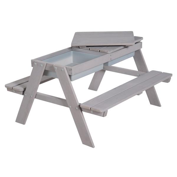 Holz-Picknicktisch mit Sandkasten/Spielzeugfach, grau lasiert