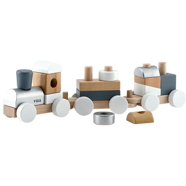 Holzzug mit weiss-grauen Bausteinen