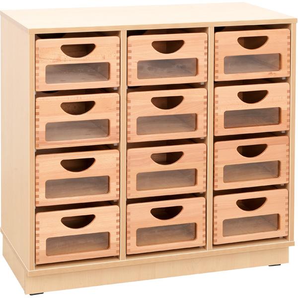 Schrank M mit 2 Trennwänden, auf Sockel + 12 Behälter mit Sichtfenster (Flexi 8)
