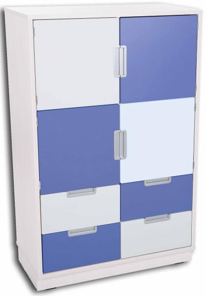 Kombischrank L mit 4 schmalen Schubladen und 4 kleinen Türen, B 79, weiss - weiss/blau (Quadro 48-180°)