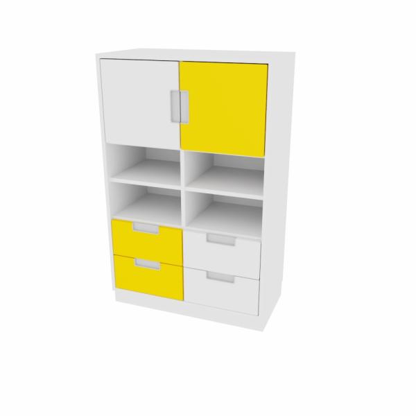 Kombischrank L mit 4 schmalen Schubladen und 2 kleinen Türen, B 79, weiss - weiss/gelb (Quadro 50-180°)
