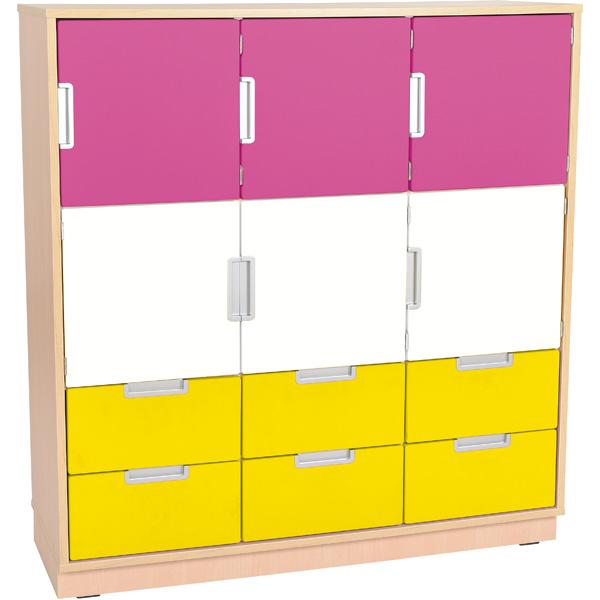 Schrank L mit 6 Türen und 6 Schubladen, B 116 - magenta/weiss/gelb (Quadro 53-180°)