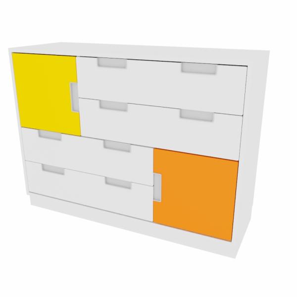 Asymmetrischer Schrank M, B 116, weiss - weiss/gelb/orange (Quadro 62-180°)