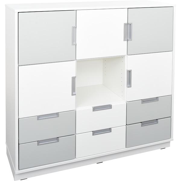 Schrank L mit 5 Türen und 6 Schubladen, B 116, weiss - weiss/grau (Quadro 114-180°)
