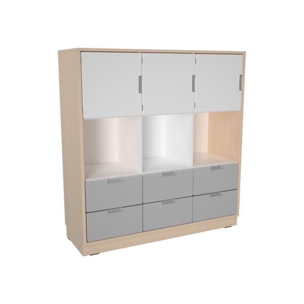 Schrank L mit 2 Mittelwänden, mit 6 Schubladen und Türen, B 116 - weiss/grau (Quadro 231-180°)