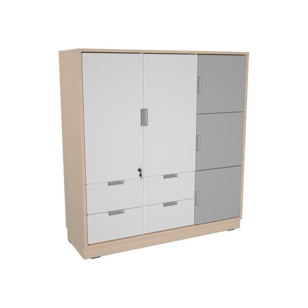 Schrank L mit 2 Mittelwänden, mit 4 Schubladen und Türen, B 116 - weiss/grau (Quadro 232-180°)