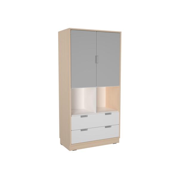 Kombischrank XL mit 2 breiten Schubladen, Türen und offenen Fächern, B 79 - weiss/grau (Quadro 239-180°)
