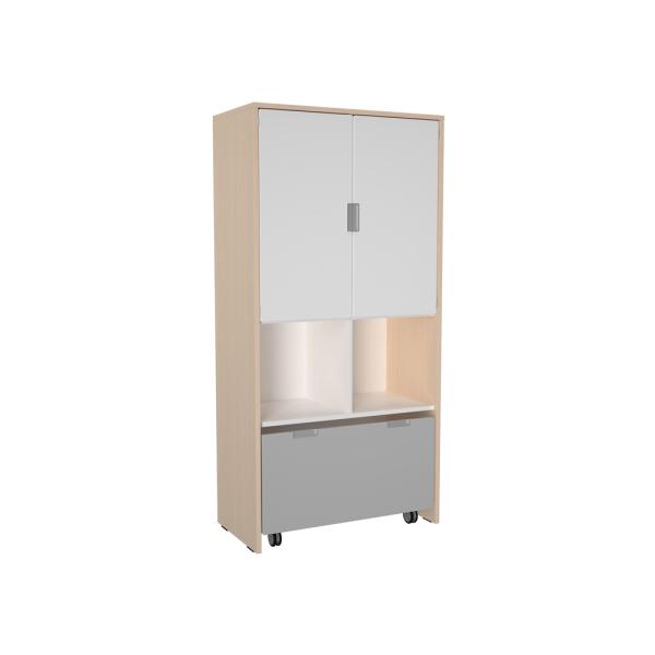 Schrank XL mit Rollbehälter, Türen und offenen Fächern, B 79 - weiss/grau (Quadro 243-180°)